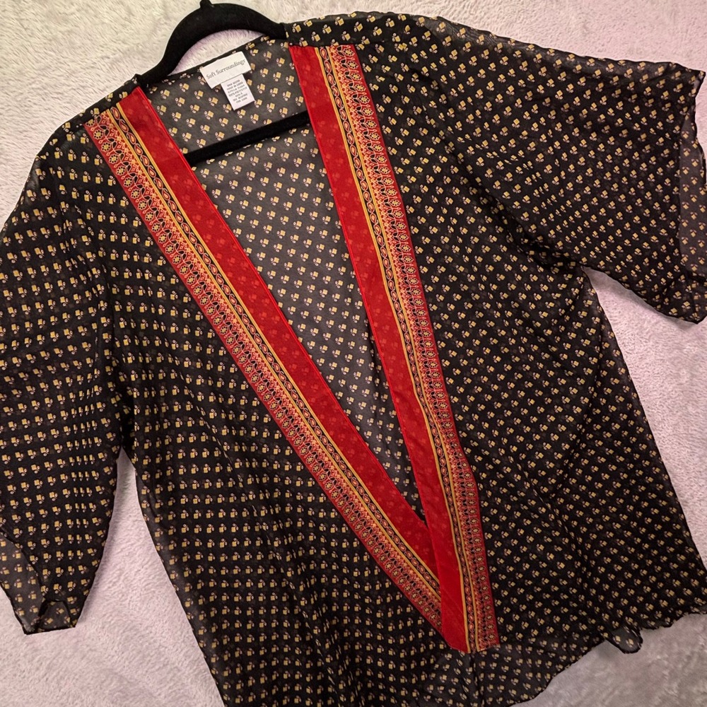 Soft Surroundings Women Kimono Sz L Black Red Sheer Boho Open Front Chiffon